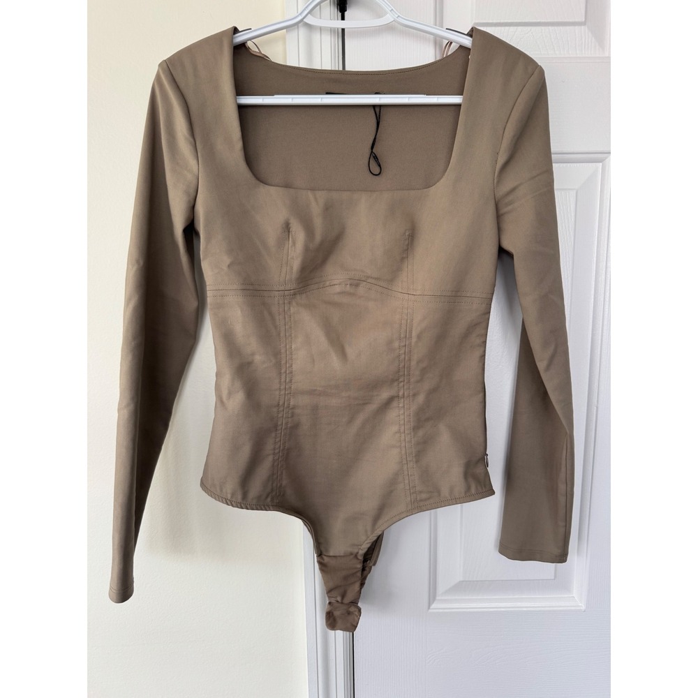 Zara Corset Bodysuit Long Sleeve Square Neck Tan Khaki Side Zip Small